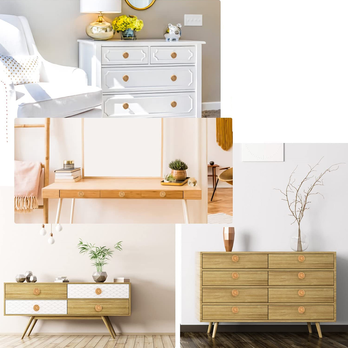 6/12PCS Rotan Houten Lade Knoppen Boho Rotan Dressoir Knoppen Ronde Handgemaakte Kasten Dressoir Handgrepen Kast Kastdeur Pull