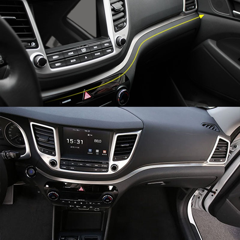 För hyundai tucson rostfritt stål instrumentpanel trim mittkonsol panel gjutning dekorativa bil interiör styling garnering