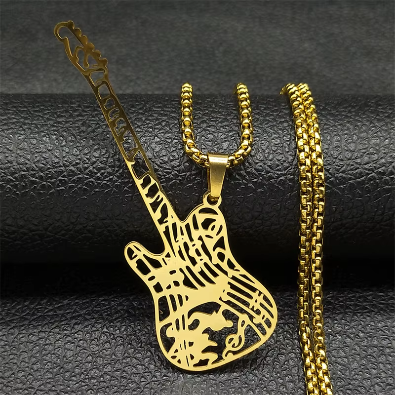Collana con ciondolo plettro per chitarra musica rock musicale per donna/uomo Collare per gioielli regalo per feste con catena per basso musicale punk in acciaio inossidabile: Placcatura pistola