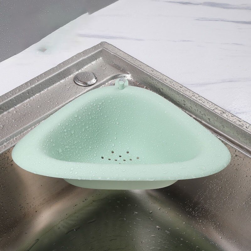 Multifunctional Sink Drain Shelf Triangular Sink Corner Strainer Basket Storage Rack Sucker Sink Sponge Holder Kitchen Tools: Green-B