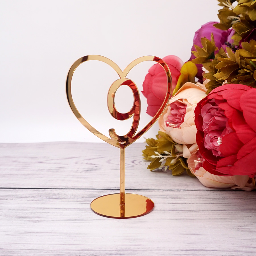 Numéros de Table miroir acrylique en forme de cœur, 15cm de hauteur, avec support, Base, fournitures pour décoration d'hôtel, fête de mariage, événement: Gold / Number 1-25