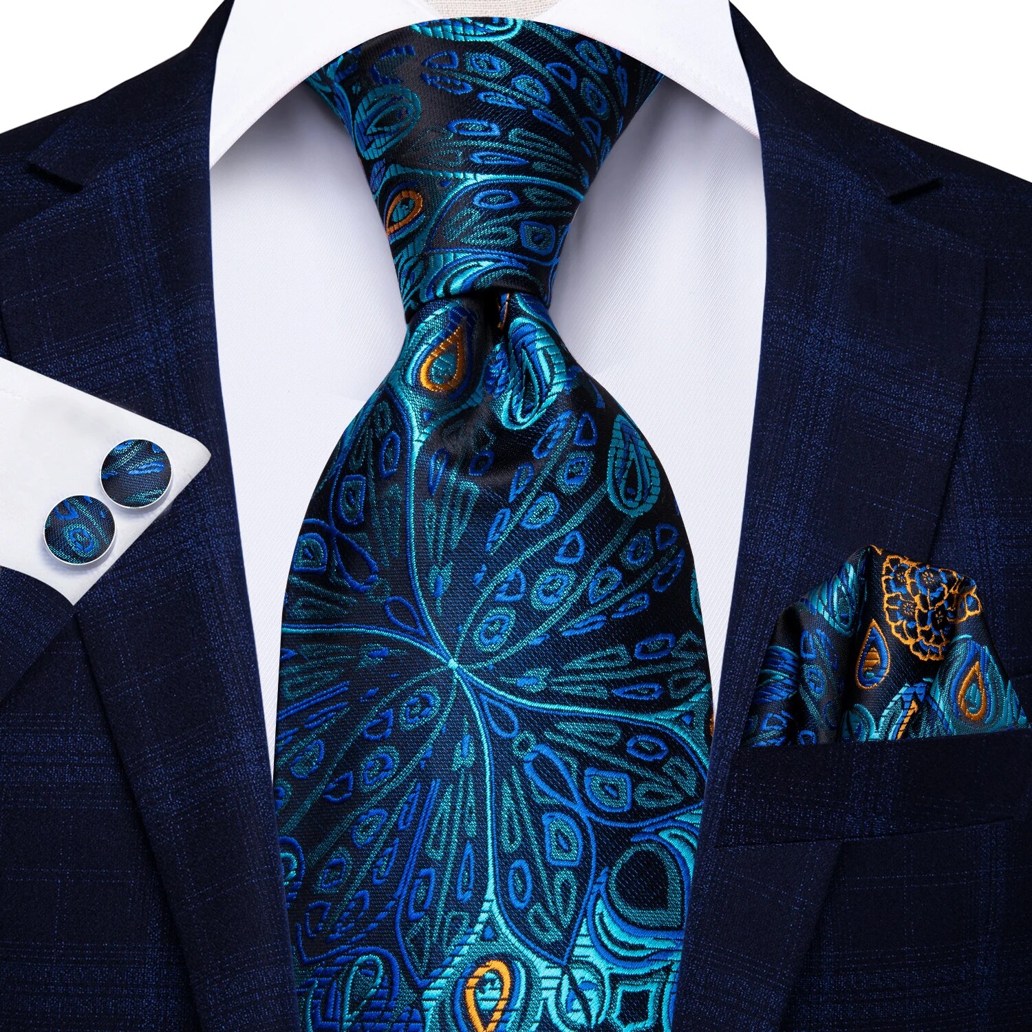 Hi-Tie-corbata de boda de seda de para hombre, color azul pavo real, gemelos, , conjunto de corbata de para de negocios
