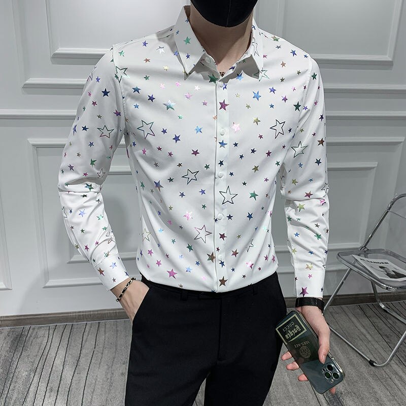 Camisa de manga larga con estampado de estrellas para Hombre, ropa ajustada para y Club, color blanco, 4xl: White / Korean XL 60-65kg