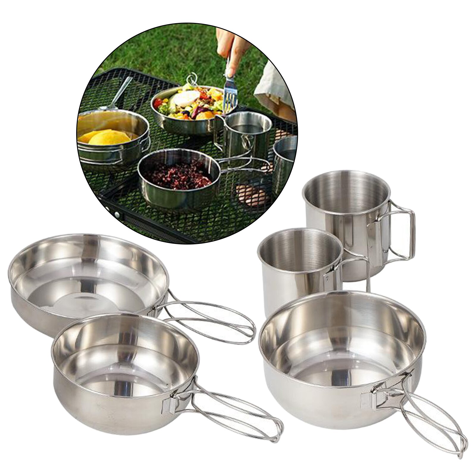 Ensemble de casseroles en acier inoxydable poli, vaisselle de table pour le Camping, comprend 5 pièces, tasses, bols