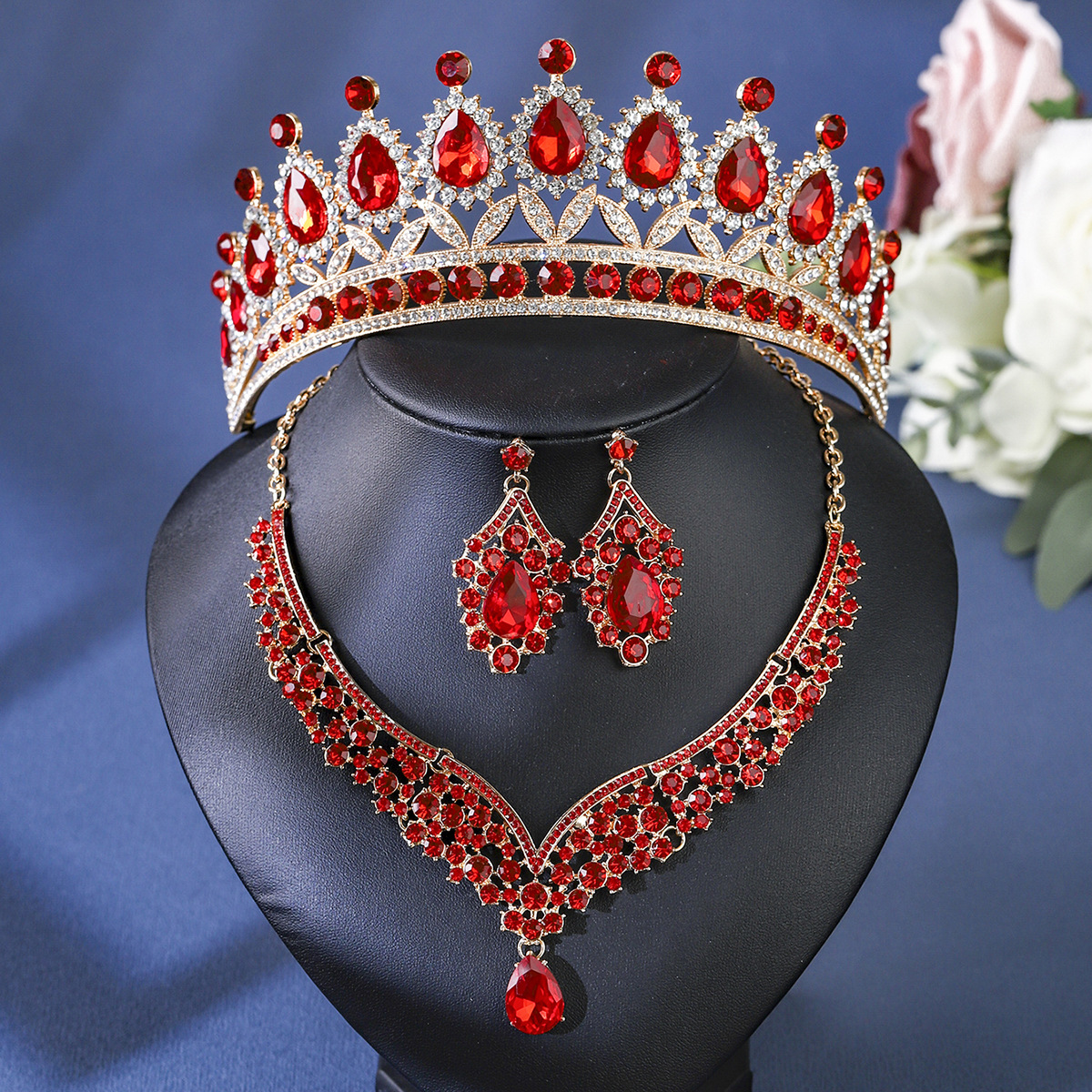 Barokke Kristal Strass Bruidssieraden Sets voor Vrouwen Trouwjurk Kroon Oorbel Tiara Ketting Set Prom Bruid Sieraden Sets: Dark Red