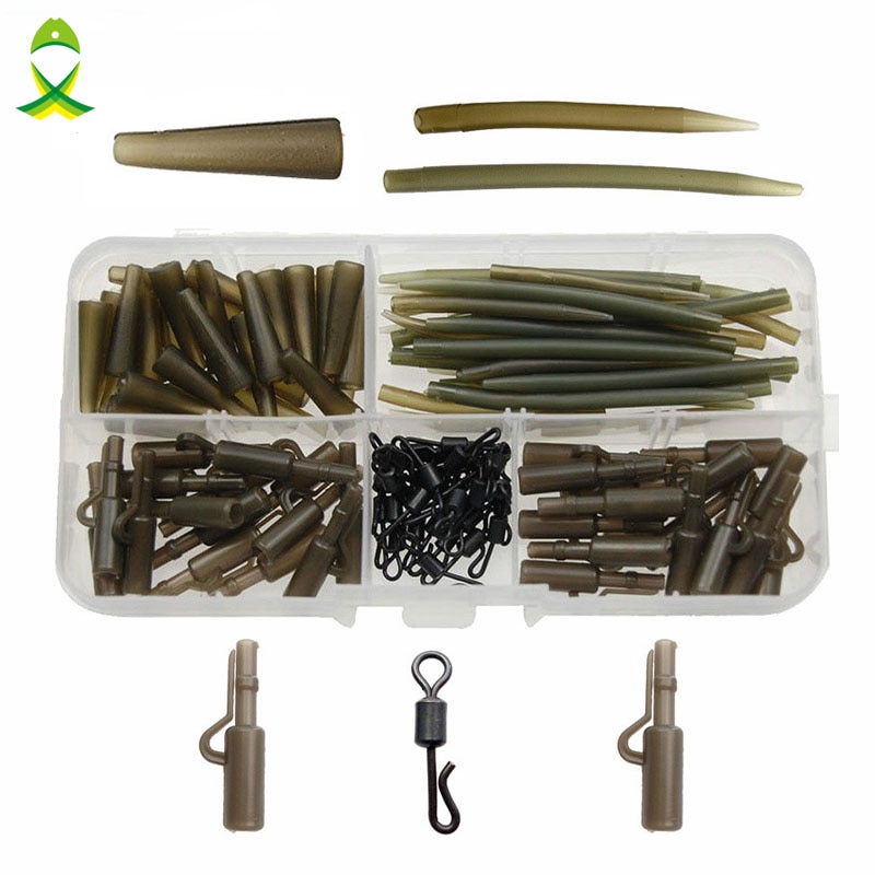 JSM 120 stks Karper Vissen Accessoires Visgerei Anti Tangle Sleeves Tail Rubbers Veiligheid Lead Clips Quick Change Wartels Set Met doos