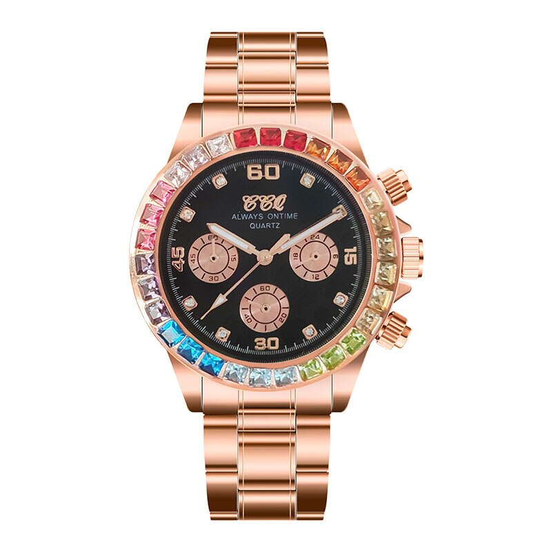 Rainbow Circle Three-eye Steel Band Watch, Square Diamond Color Diamond Personality Watch For Men And Women: black