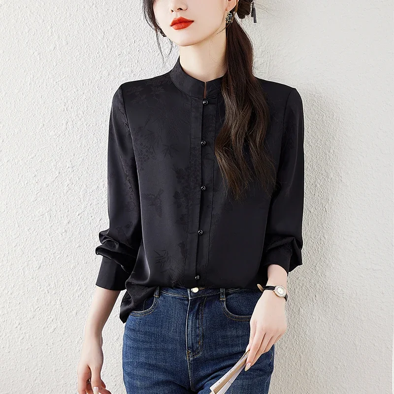Satin Chinese Style Women's Shirt Spring/Summer Print Clothing Sales Loose Long Sleeves Korean Tops O-neck Vintage Women Blouses: XXXL / black