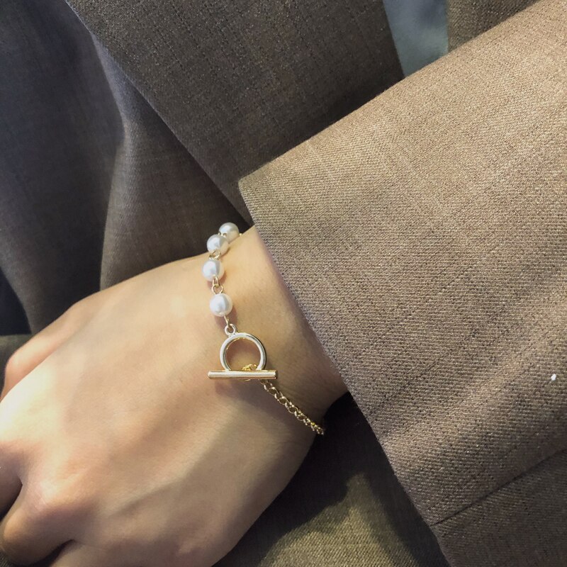 Moda jóias simulado pérola pulseira doce coreano temperamento dourado chapeamento corrente pulseira para presentes de festa do estudante da menina