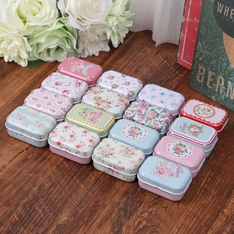 Flower Tin Trinket Jewelry Coin Box Tinplate Storage Case Small Rectangular U2JD