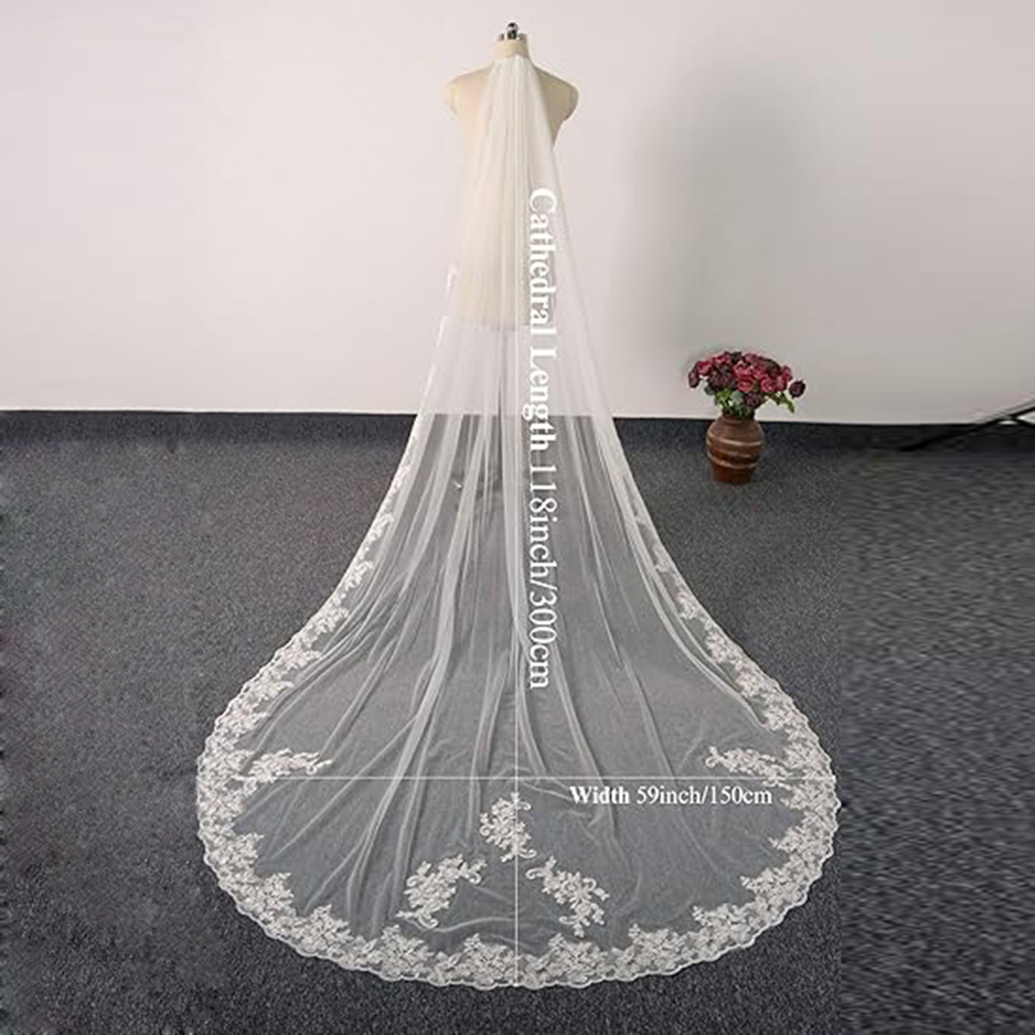 Eleganter 3M-Brautschleier mit Spitzenapplikation bin Rand, einlagig, weicher Tüll, Hochzeitsaccessoires für Frauen, Party: Elfenbein