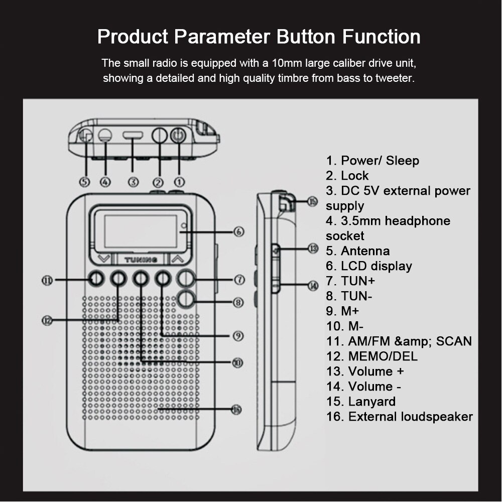 HRD-104 Portable AM / FM Stereo Pocket Radio 2-Band Digital Tuning Radio / Earphone Lanyard / 1.3 Inch LCD Display Screen