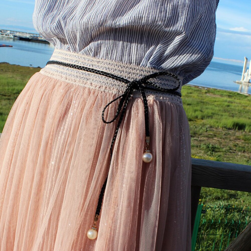 Thin Braid Women Belt Woven Tassel Pearl Waist Strap Boho Girls Waistband Waist Rope Waist Belts For Dress Accessories