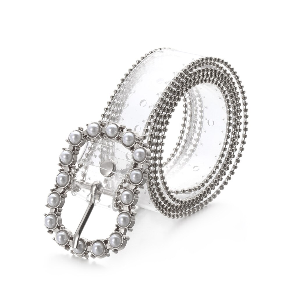 Clear Belt Diamond Pearl Waist Belts Versatile PVC Transparent Plastic Waist Strap Adjustable Decorative Waistband: 2.5cm-Type  4 silver