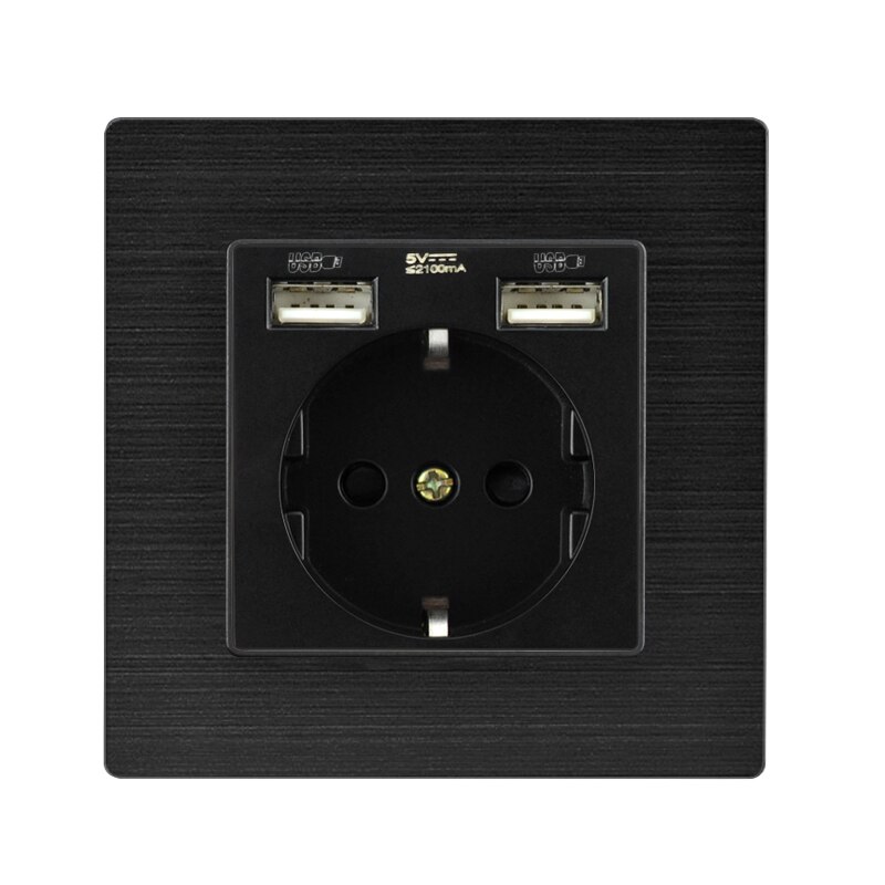 Usb Muur Plug Mobiele Telefoon Opladen Outlet Eu/Franse Stopcontact Met Dual Usb-Poorten Opladen Zwart Geborsteld Aluminium panel: EU Socket