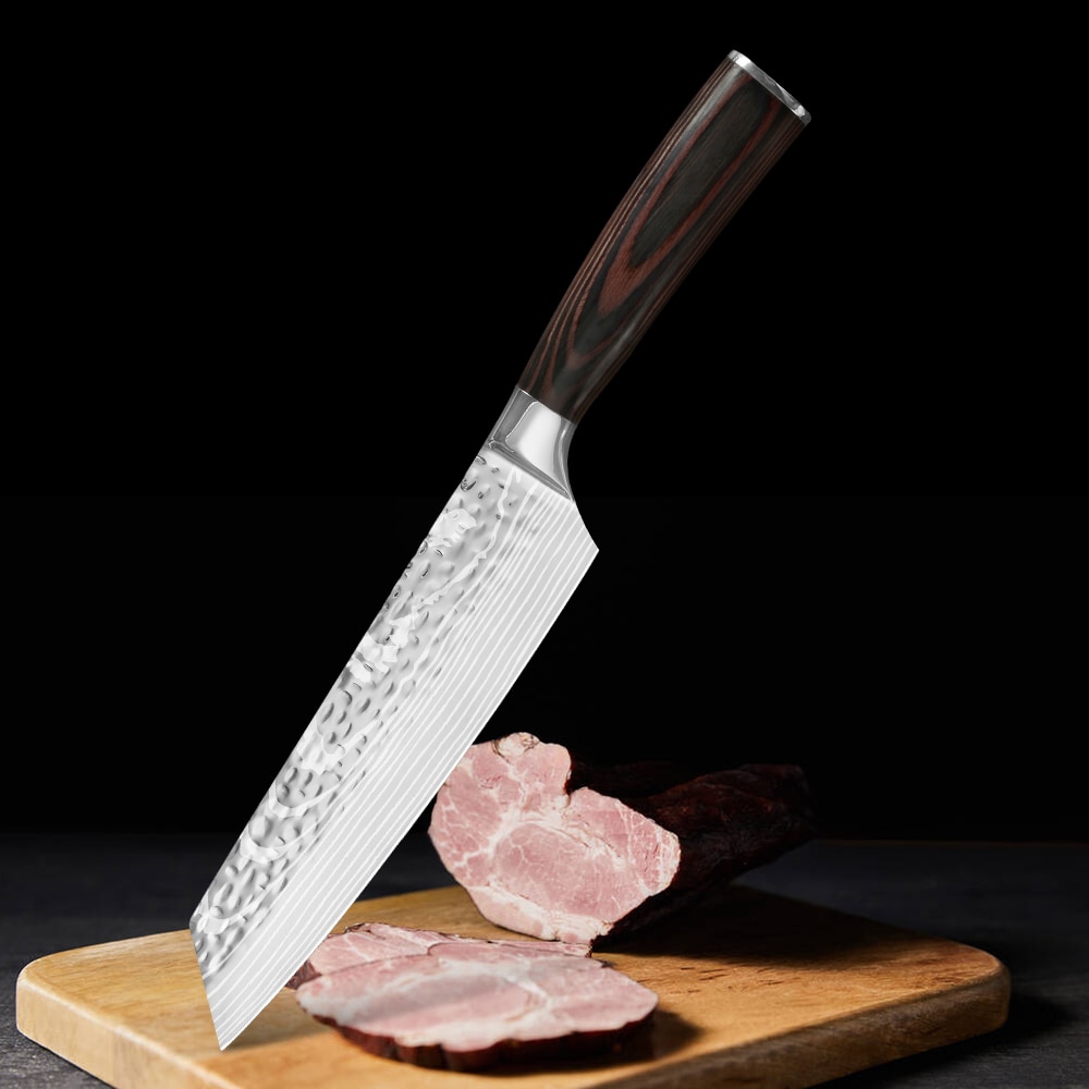 Couteaux de cuisine japonais en acier inoxydable 4cr13, ustensile de cuisine damas couteau à trancher au marteau forgé de 8 pouces couteaux de cuisine utilitaires