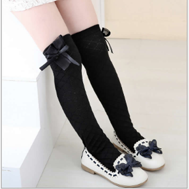 Children&#39;s summer stockings mesh over knee thin breathable cotton baby bow knot Princess socks, loose mouth high tube socks: Black Socks