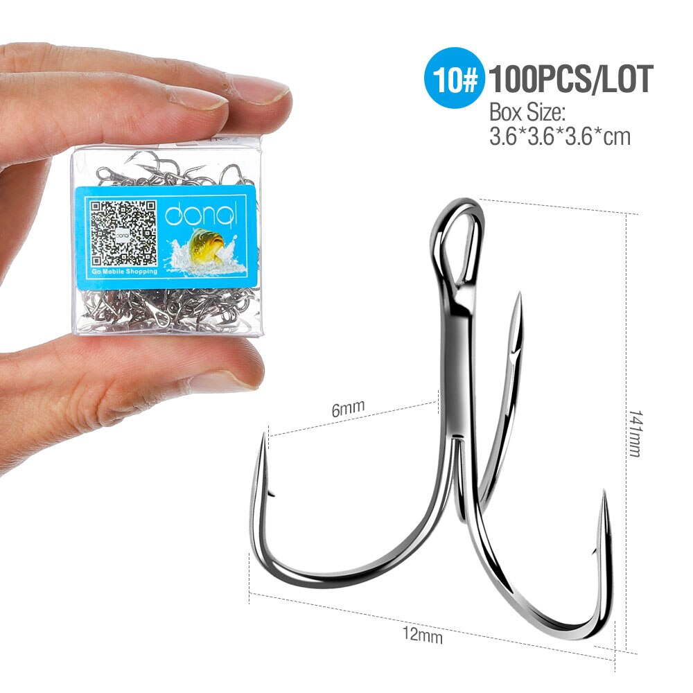 DONQL 100pcs/ Box Treble Fishing Hooks Carbon Steel Barbed Fishhooks Set Triple Hooks Sea Fishing Tackle Accessories For Lures: Size 10