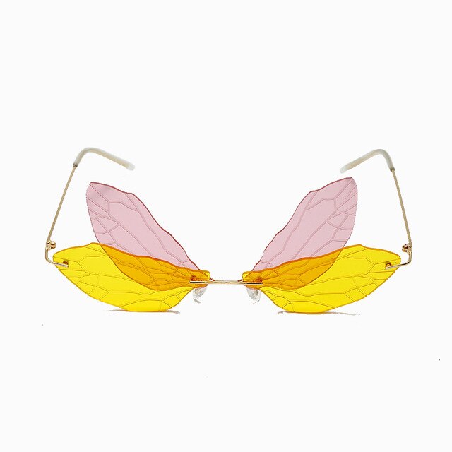 Vintage Dragonfly Vleugels Zonnebril Mode Randloze Vrouwen Hd Lens Eyewear Mannen Roze Zonnebril Uv400 Eyewear Vrouwelijke: 4 Pink Yellow