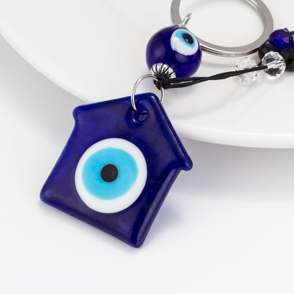 Oeil chanceux bleu verre maison porte-clés mauvais œil breloques gland voiture porte-clés pour femmes hommes EY186