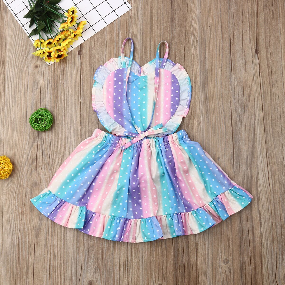 Baby Zomer Kleding Peuter Baby Meisjes Kleurrijke Jurk Liefde Regenboog Gestreepte Ruches Band Jurk Romper Outfit Kleding 1-5Y