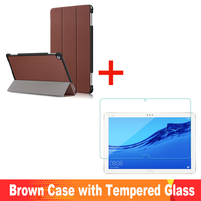 Para Huawei MediaPad M5 Lite funda 10 BAH2-W19/L09/W09 Ultra delgada Pu cuero Smart Stand cubierta para media Pad M5 Lite 10,1": Brown Case add Glass