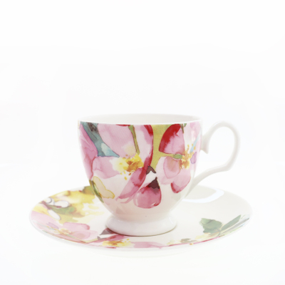Keramiske kopper og underkopper sæt blomstertrykt på glaseret benporcelæn kaffekop fødselsdag enkel stil underkop: D