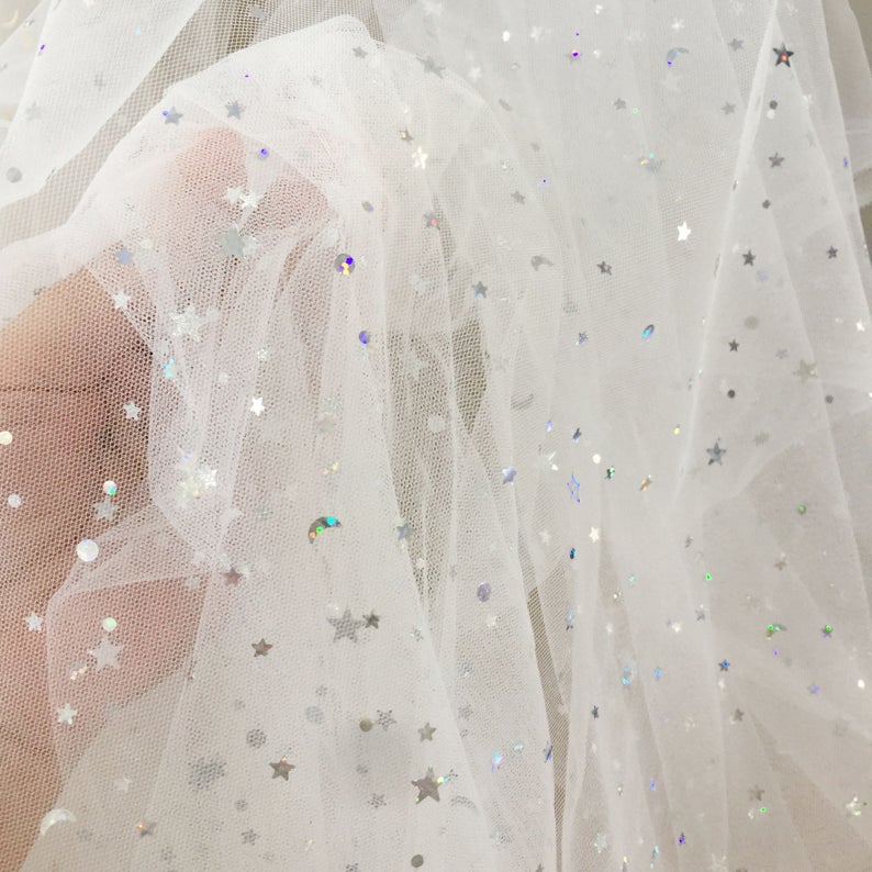 5 yards off white black tulle lace fabric with gold silver stars, bridal gown wedding dress fabric veils tutu dress 150cm wide