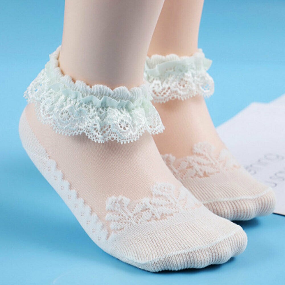 Calcetines hasta el tobillo para niña bebé princesa con volantes Rosa Blanco: Verde / 1Y to 3Y