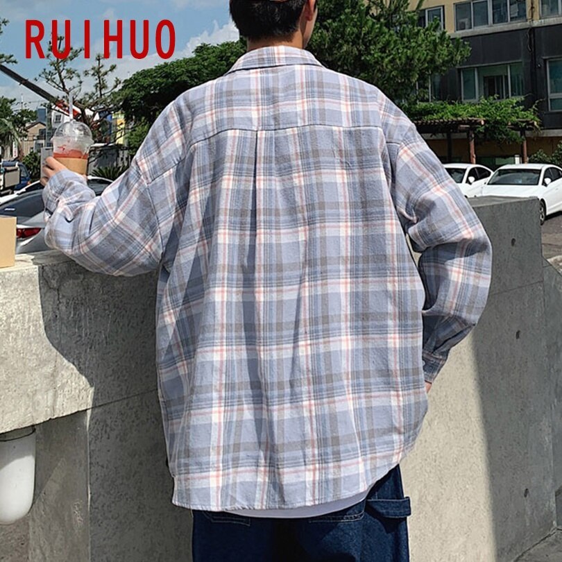 Ruihuo våren casual rutig skjorta herr slim fit bomull herr långärmade skjortor herr toppar märke plus size m -2xl