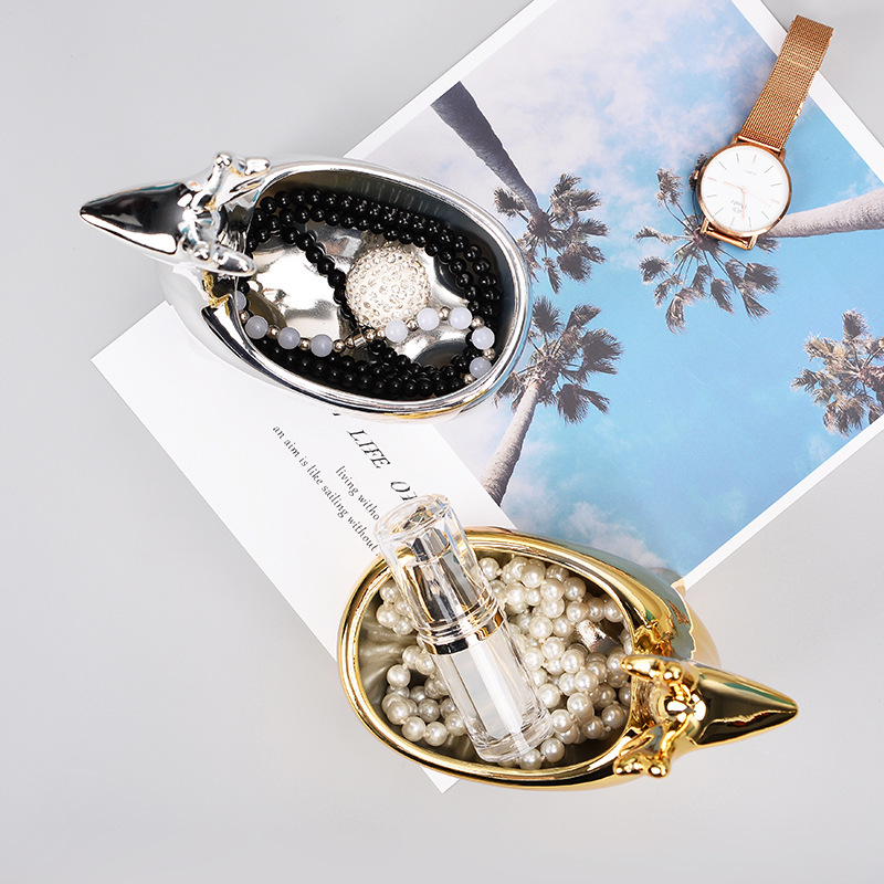 Nordic Golden Ceramic Animal Jewelry Storage Box Necklace Ring Earrings Makeup Organizer Mini Desktop Makyaj Organizer