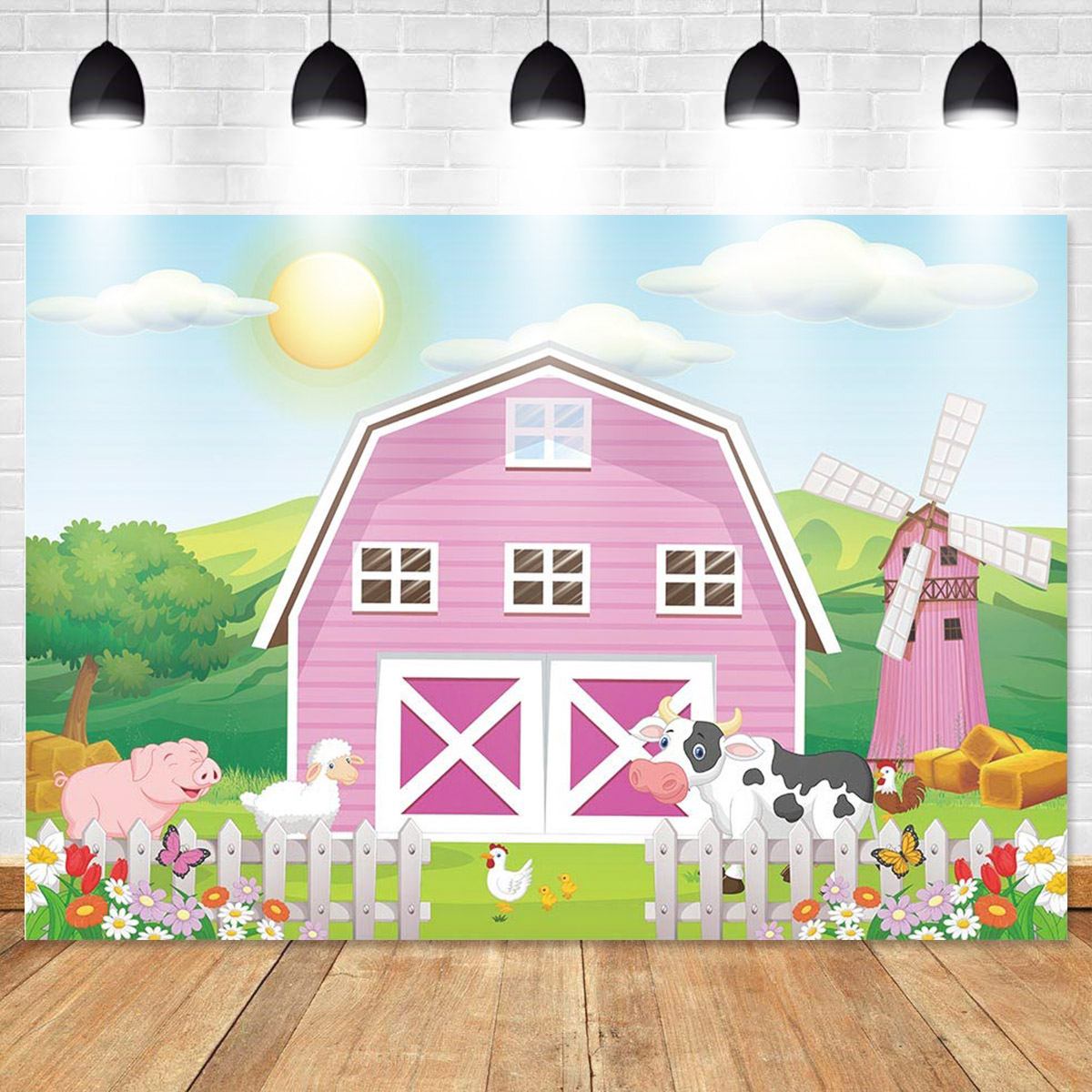 Sunshine Farm Theme Photography Backdrop Pink Barn Animals Barnyard House Kids Birthday Background Photo Studio Supplies