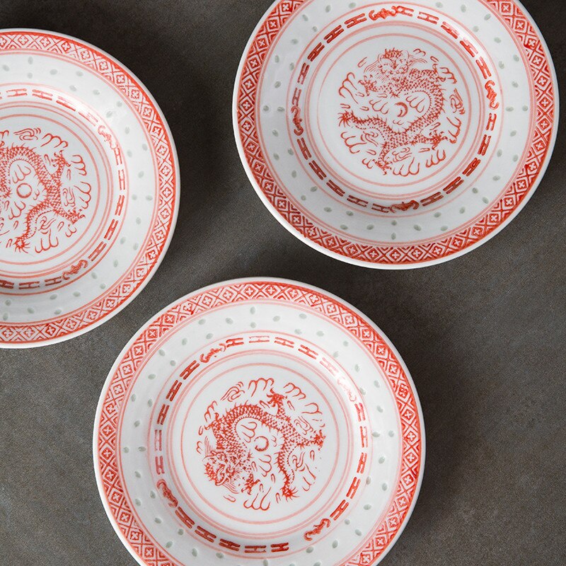 6.5inch Jingdezhen Ceramic Retro Red Dinner Plate Porcelain Dragon Dessert Plate Steak Fruit Dish Tea Cup Bowl Kitchen Tableware