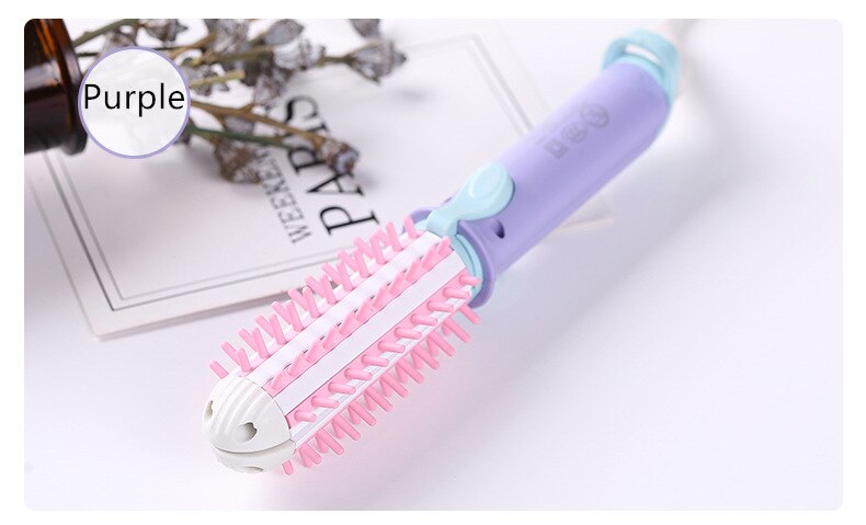 Mini lisseur de cheveux pour voyage, double tension en céramique Tourmaline ionique chaude, brosse à boucler avec sac pour brosse chauffante professionnelle: Purple EU Plug