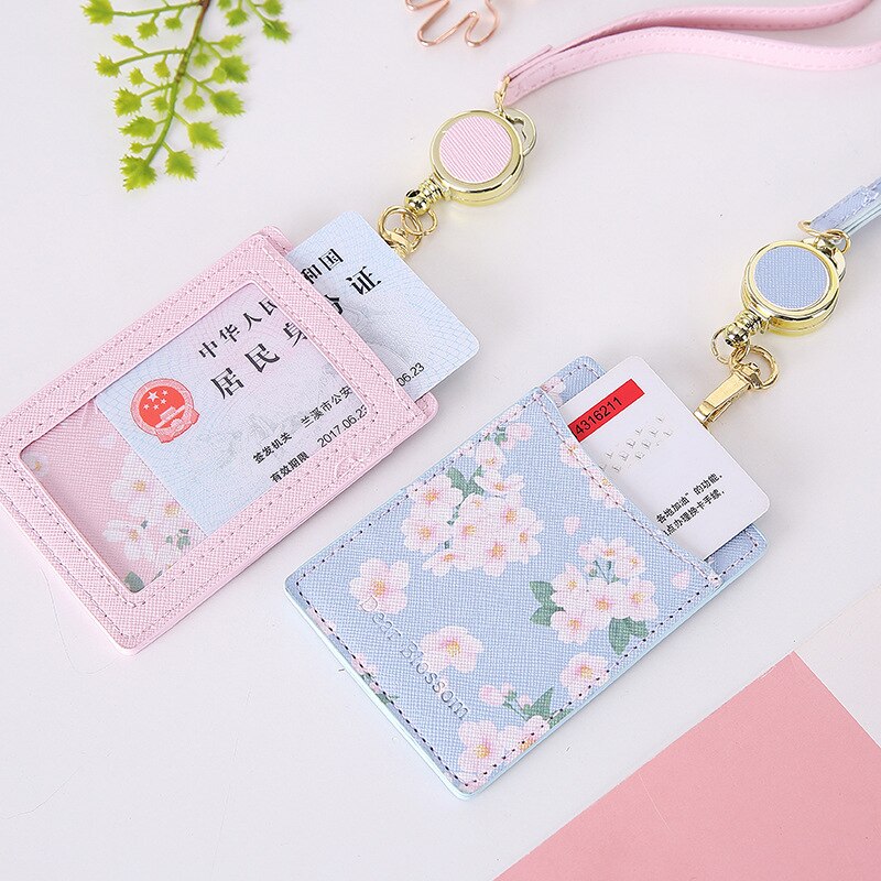 Blommor lädermärke hållare nyckelband id-kort märke namnmärke klipp rullar kontorstillbehör kawaii söt brytningsband
