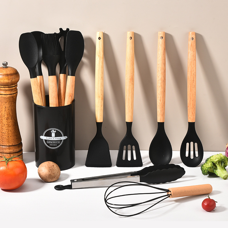 Ustensiles de cuisine en Silicone résistant aux hautes températures avec manche en bois, 12 jeux de pinces grattoir à crème Ladel, batteur à œufs