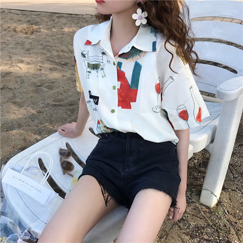 Harajuku Shirt Korte Mouw Tees Chiffon Blouse Voor Vrouwen Vrouwen Zomer Tuniek Vrouwen Hawaiian Shirt Leuke tops