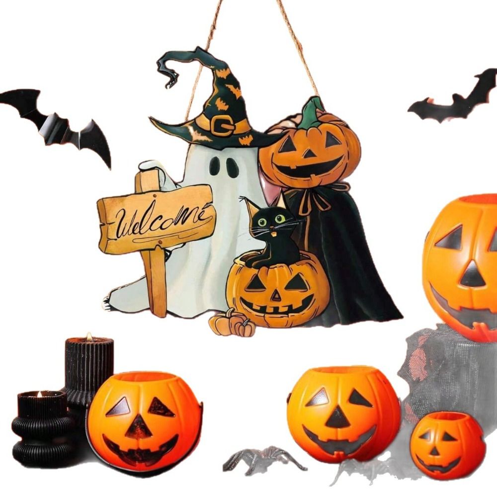 Træ uhyggelig halloween velkomstdørskilt sjov spøgelse kat græskar ophæng krans sød tegneserie vægophæng vedhæng