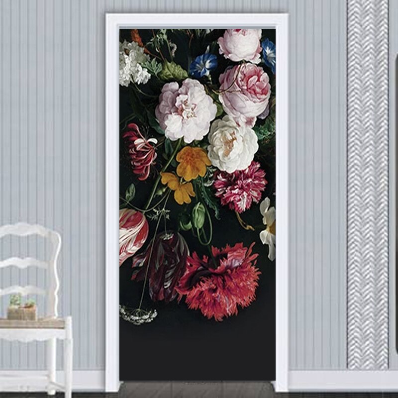 Europæisk stil retro blomster dør klistermærke 3d håndmalet vægmaleri tapet stue soveværelse væg klistermærke 3d mærkat hjem