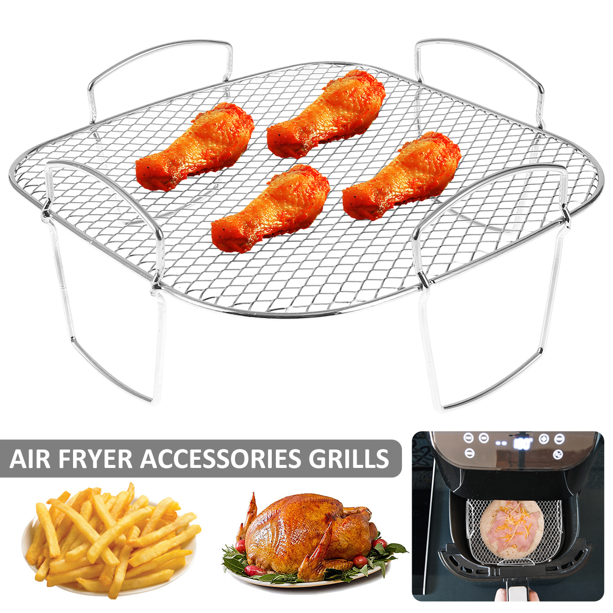 Estante para freidora de aire, rejilla para asar, estante de cocina apilable multicapa de acero inoxidable, estante para barbacoa, bandeja de cesta, accesorios para freidora de aire