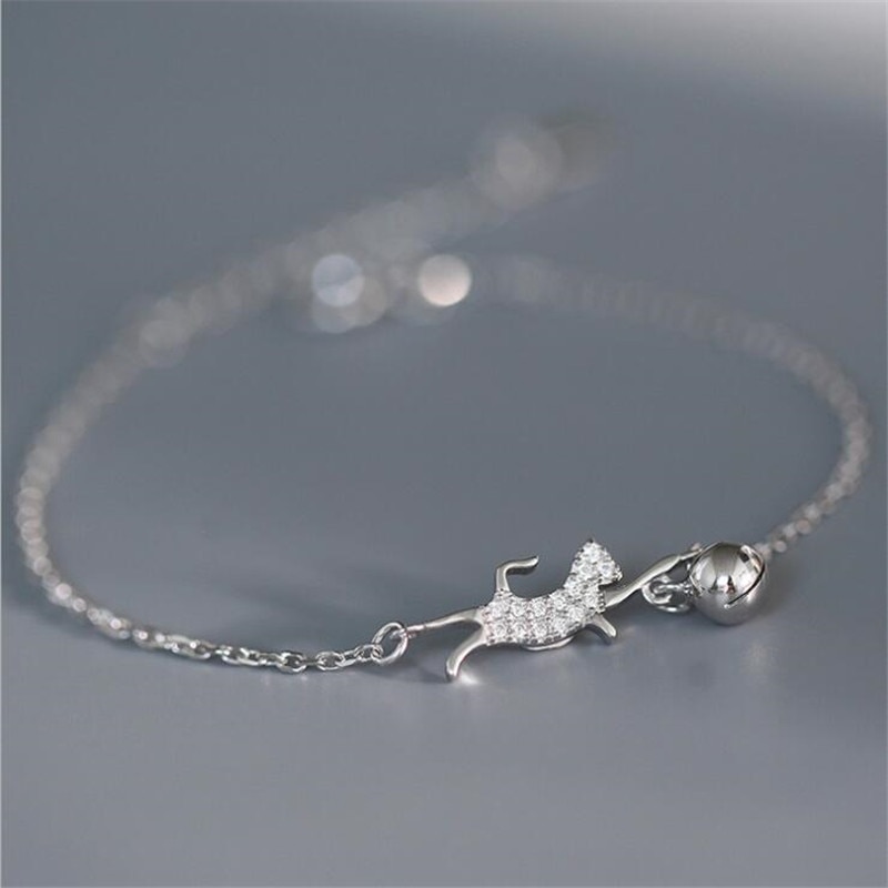 Cute Flash Crystal Cat Playing Ball Round Bell 925 Sterling Silver Jewelry Personality Luxury Women Bracelets SB219