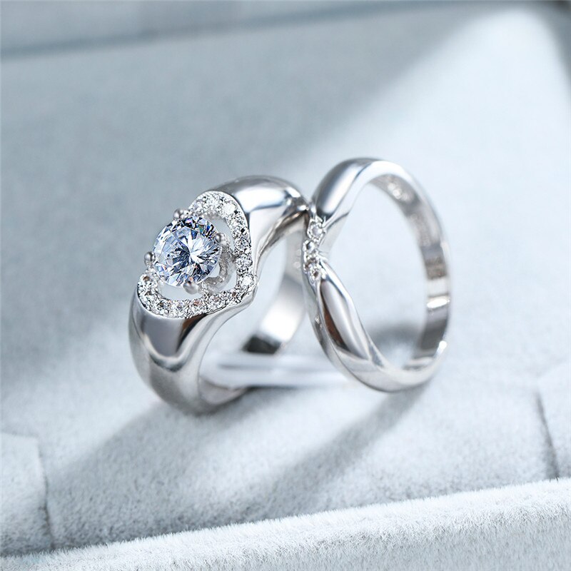 Luxus Weibliche Weiße Runde Kristall Ring einstellen zierlich Silber Farbe Hochzeit Ringe Für Frauen Versprechen Herz Hohl Engagement Ring