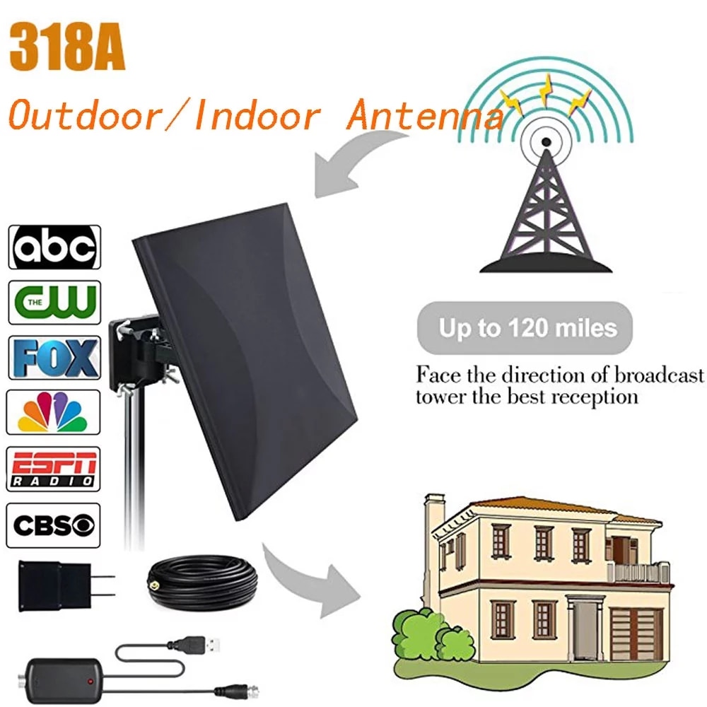 318A160-mile outdoor amplified TV antenna with 32.8ft coaxial tv cable upgraded omnidirectional HD TV antenna telescopic antenna