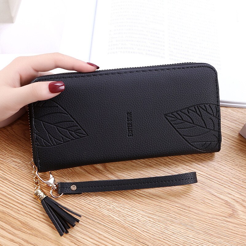 Novas mulheres carteiras e bolsas de couro do plutônio carteira feminina pulseira folha impressão longa bolsa grande capacidade saco do telefone deixe: Preto