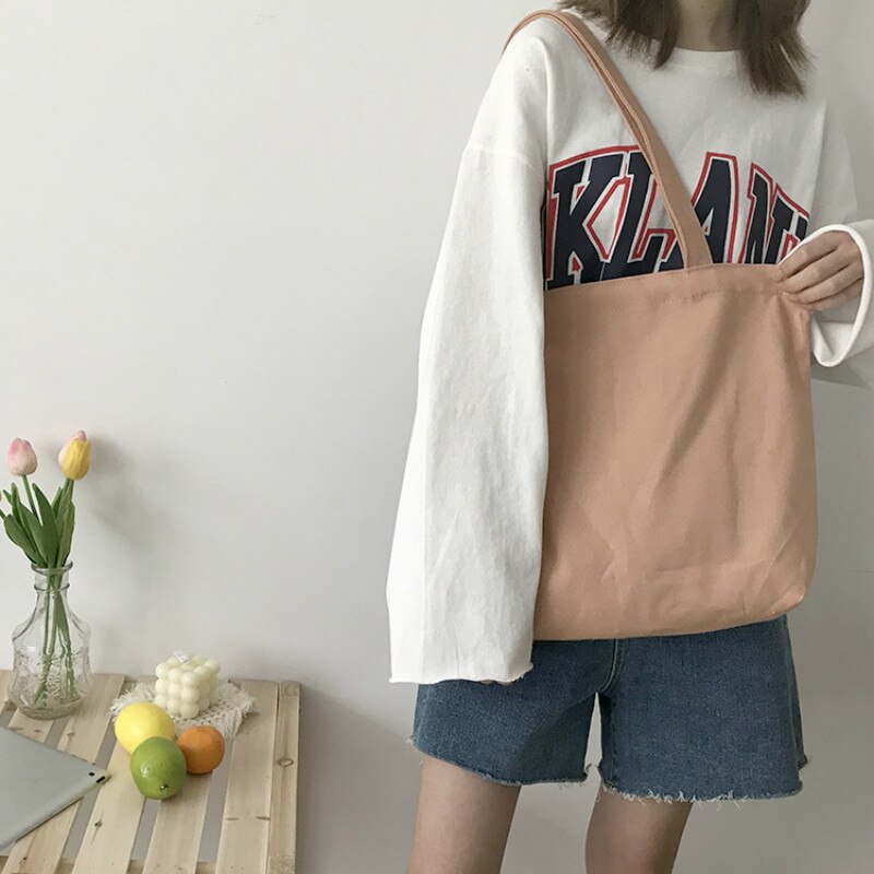 Saco de compras de lona de grande capacidade casual all-match bolsa de ombro feminina de cor sólida sacola de estilo universitário saco de escola aberto