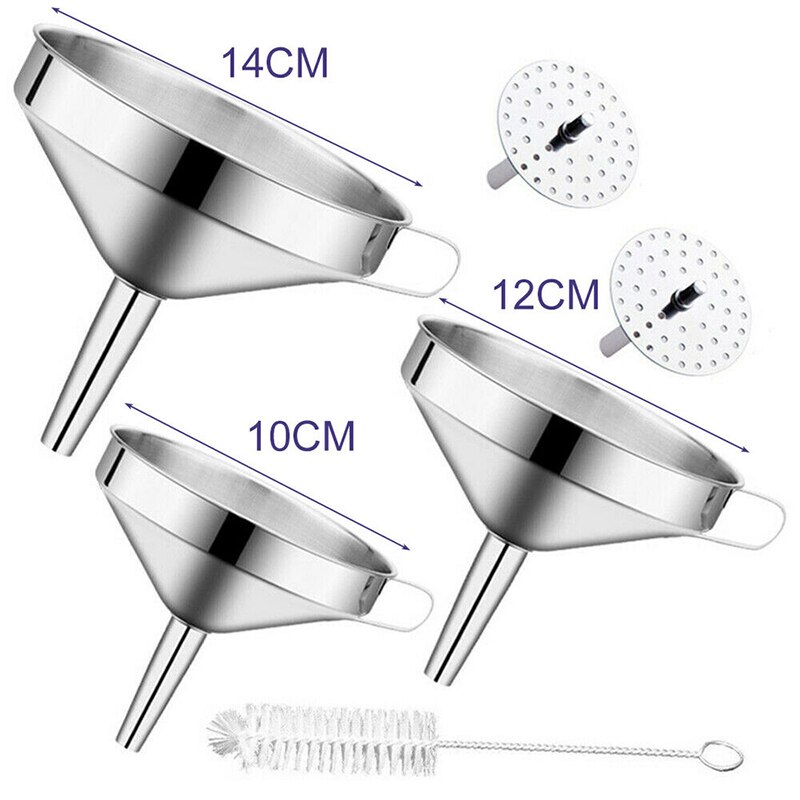 Conjunto de tres piezas de embudo de acero inoxidable, 10cm, 12cm y 14cm de ancho, embudo de boquilla de filtro con mango y colador desmontable,: Default Title