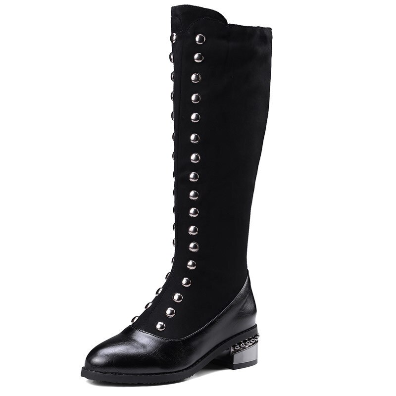 GJHYJK Dames Hoge Laarzen Western Cowboy Lederen Knight Laarzen Platte Ronde Teen Mouw Rijlaarzen Herfst Winter Grote Grootte,Zwart-35