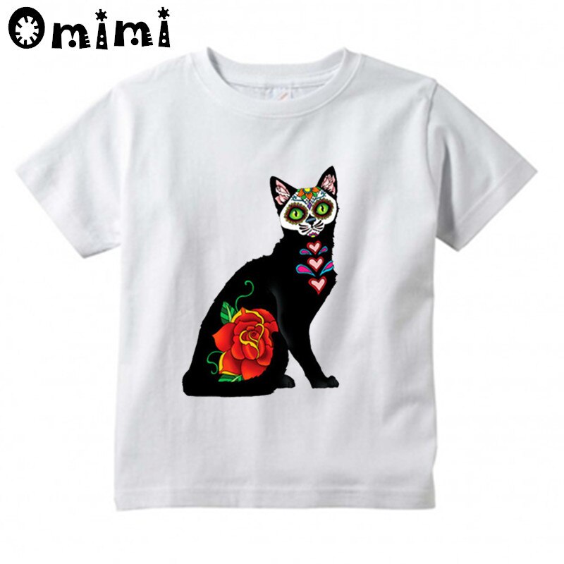 T-shirt à manches courtes pour garçons et filles, imprimé tête de mort et chat, blanc #39 humoristique: Ohkp 2051c / 7t