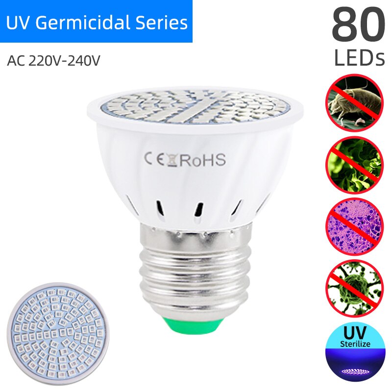 =(K)= Lamp UVC UV Germicidal Bulb E27 LED Corn Lights Sterilizer Lamp Ozone Light Bulb Indoor Disinfect Light E27 Ultraviolet: UV Series 80LEDs
