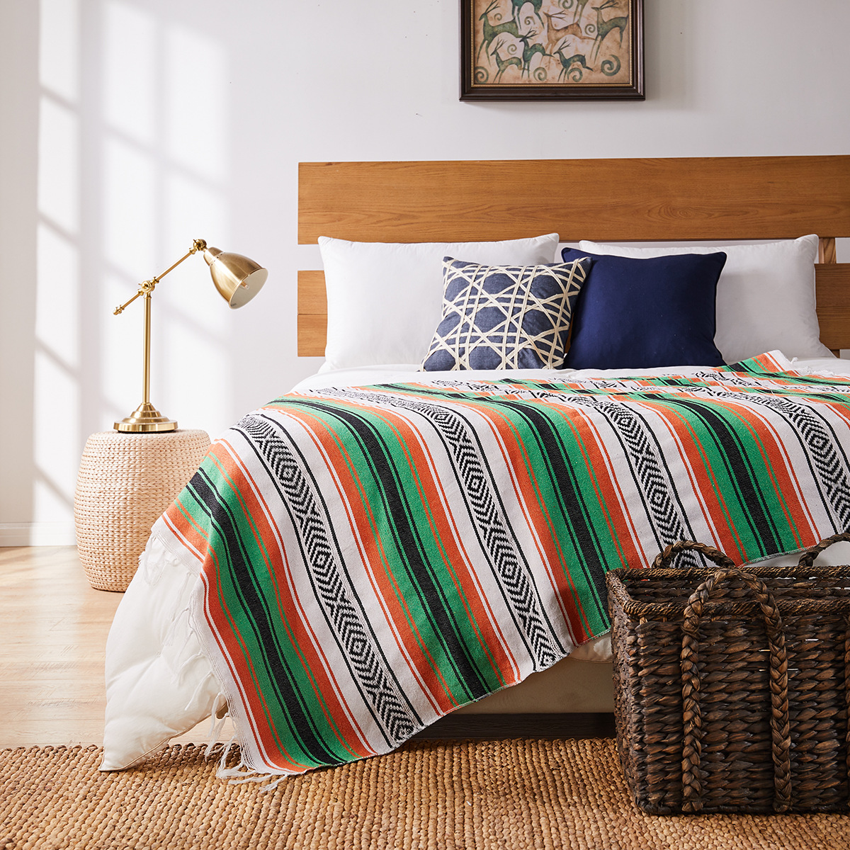 Couverture de plage de Style mexicain 130x170cm, serviette tissée à la main avec pompons, tapis pour canapé-lit, tapis de pique-nique à la maison, nappe rayée